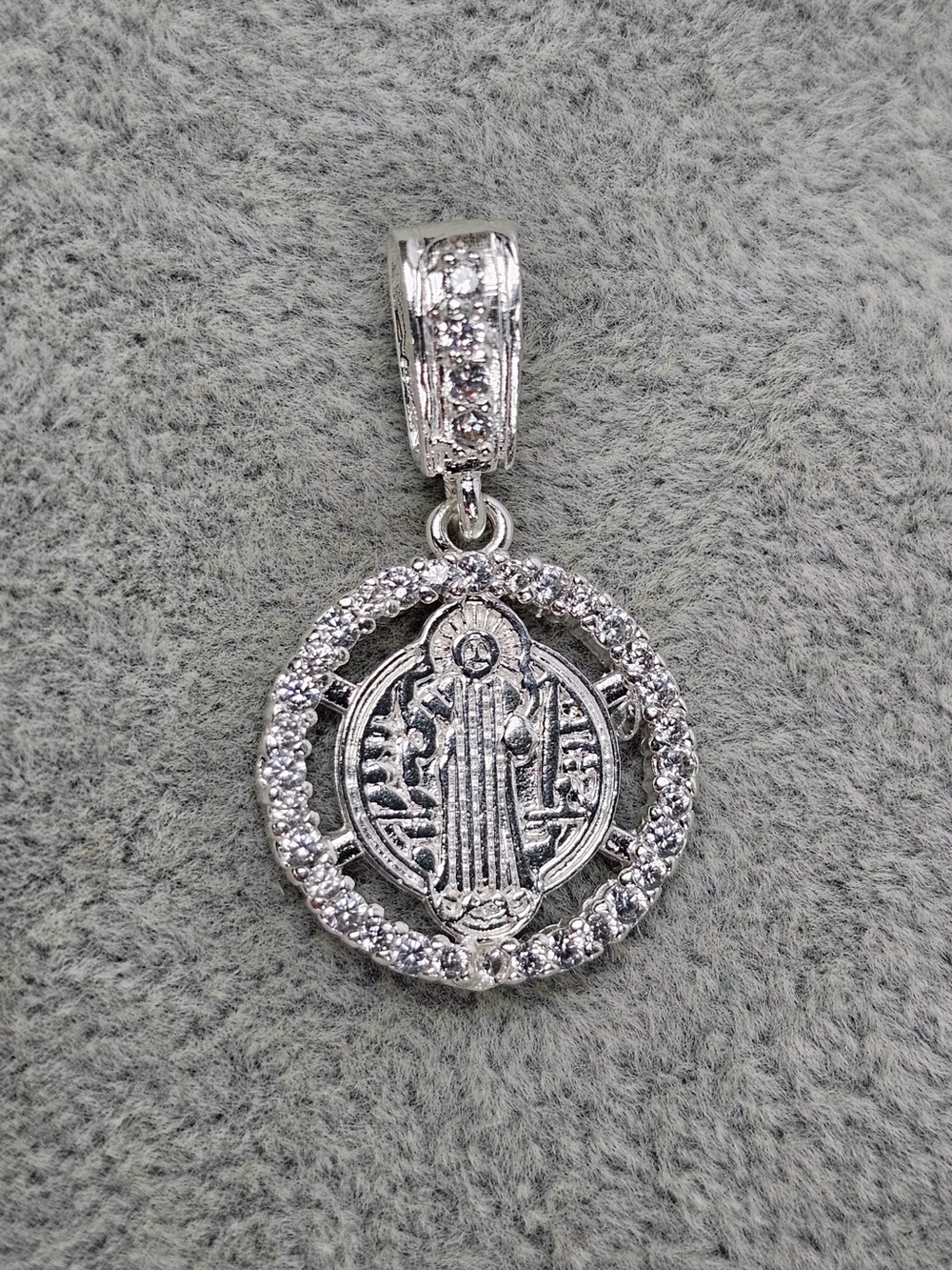 Saint Benedict Round Medal Pendant CZ San Benito 925 Sterling Silver 19mm
